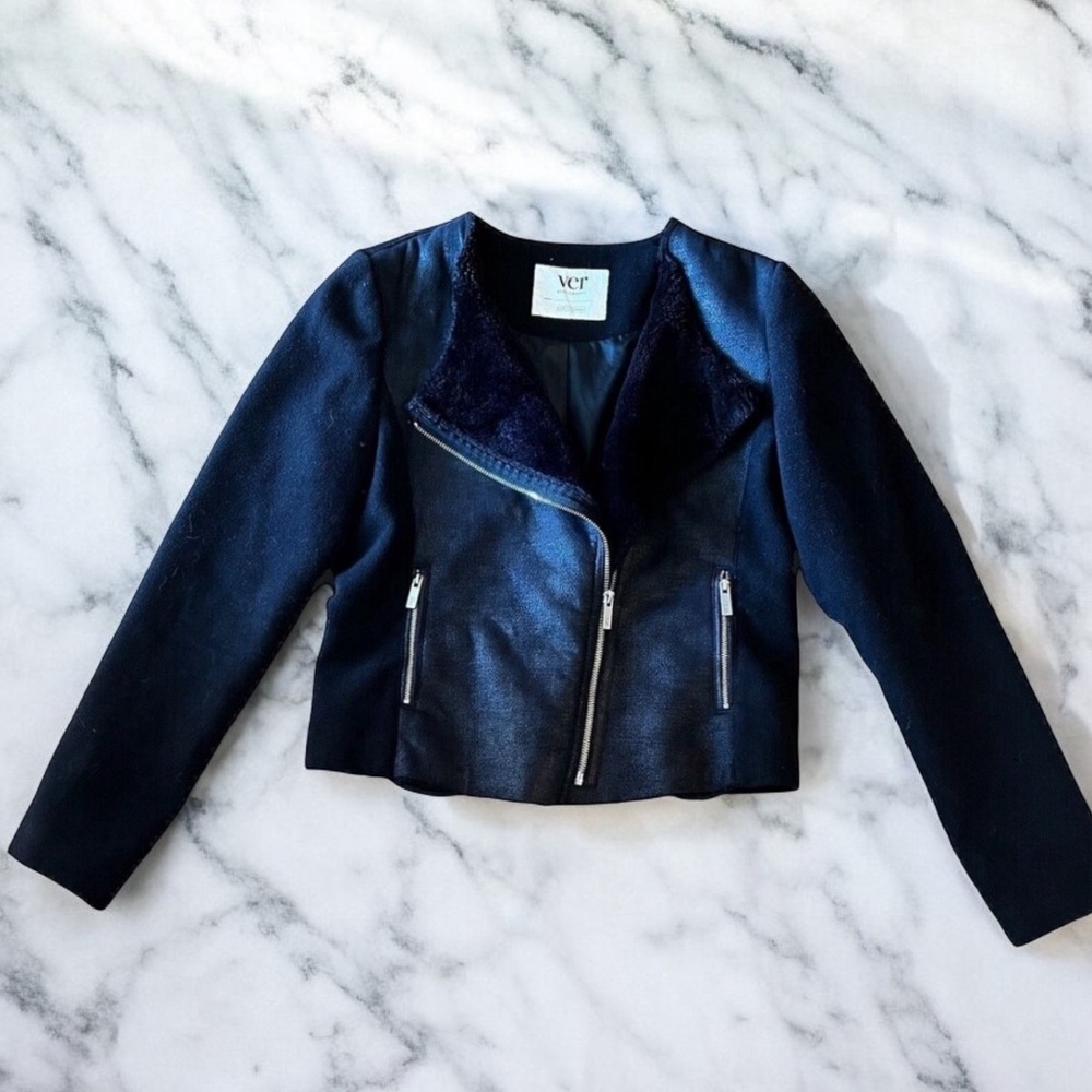 Ver Black Crop Zip Front Moto Biker Jacket Size Small